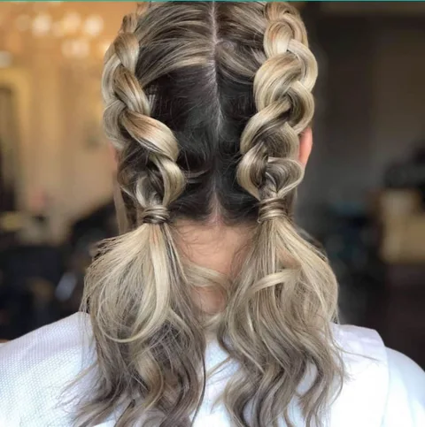 Double Dutch braids on blonde balayage hair at Dockside Salon, Muskegon