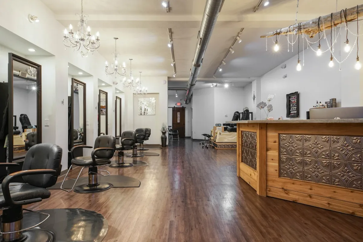 Reception desk and salon interior at Dockside Salon in Muskegon, Michigan